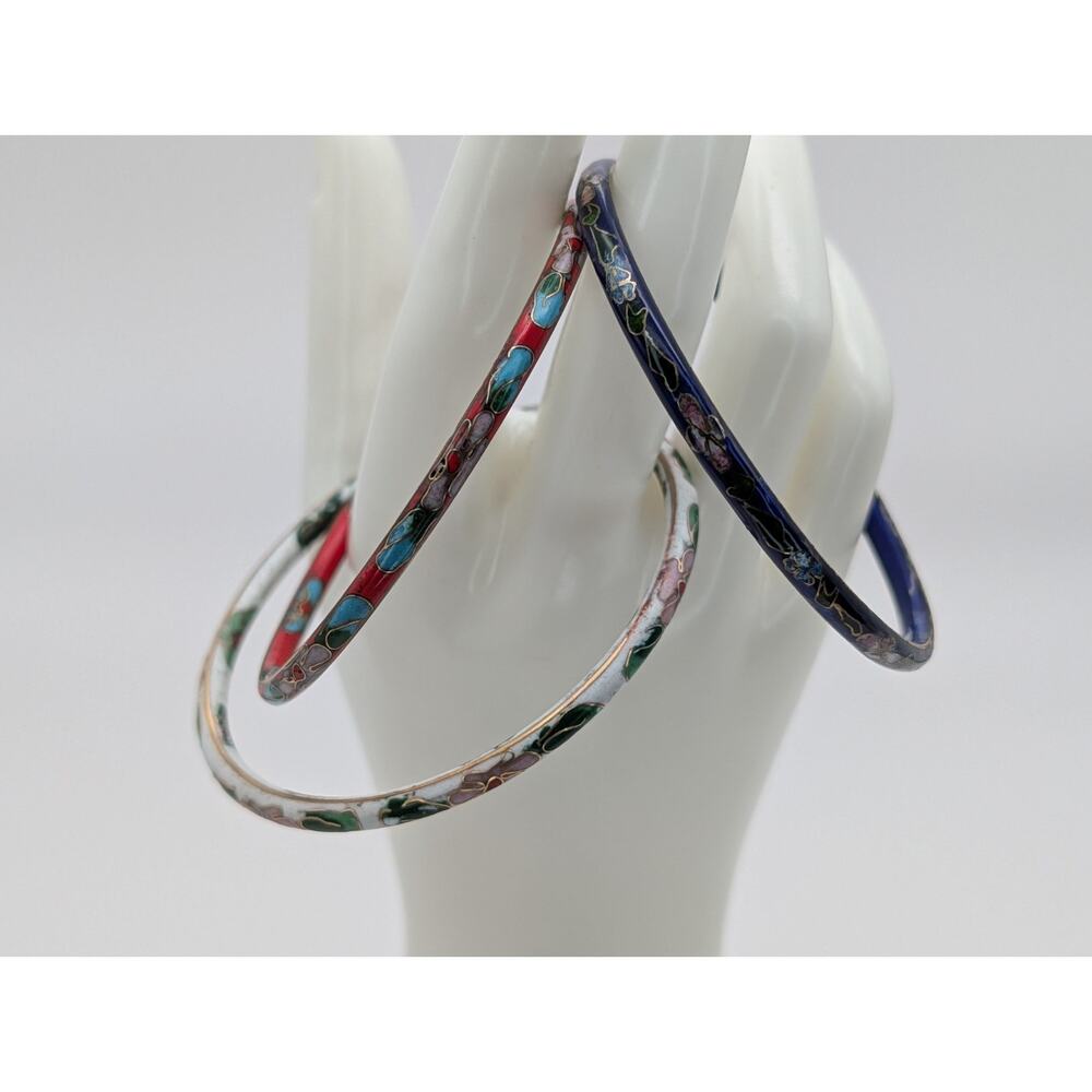 Set Of 3 Vintage Cloisonne Enamel Floral Bangle Bracelets Red White And Blue 7" - Picture 2 of 5